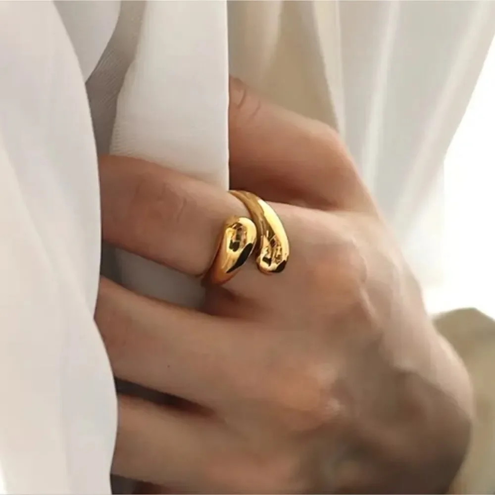 Smooth Double Ball Beads Rings Adjustable Gold Tone Geometric Style Fashion Ring